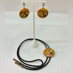 Pioneer Wagon and Ox Wooden Earring and Bolo Tie Set L.D.S. Pioneer Day